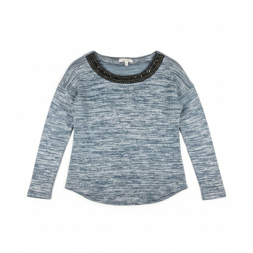 Studio Y Space Dye Embellished Studded Neck Knit Sweater Top Blue XS Rocker Glam